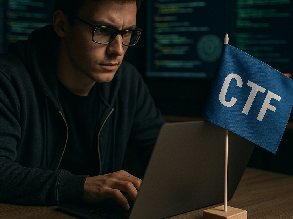 AI obrázok - znázornenie človeka riešiaceho CTF úlohy.